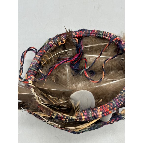 Handwoven Feather Hanging Basket Multicolor Yarn & Natural Feathers Used READ - Picture 3 of 7